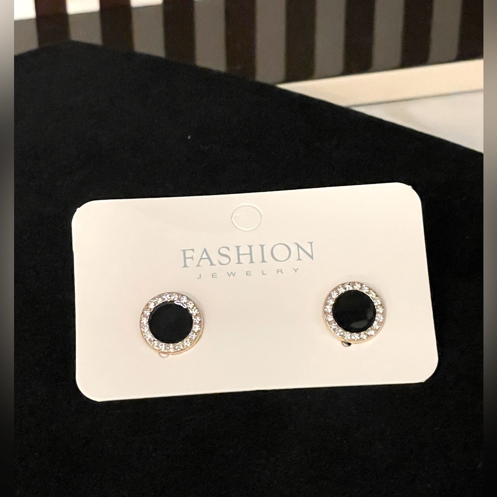 Classy Black and Rhinestone in gold tone earrings